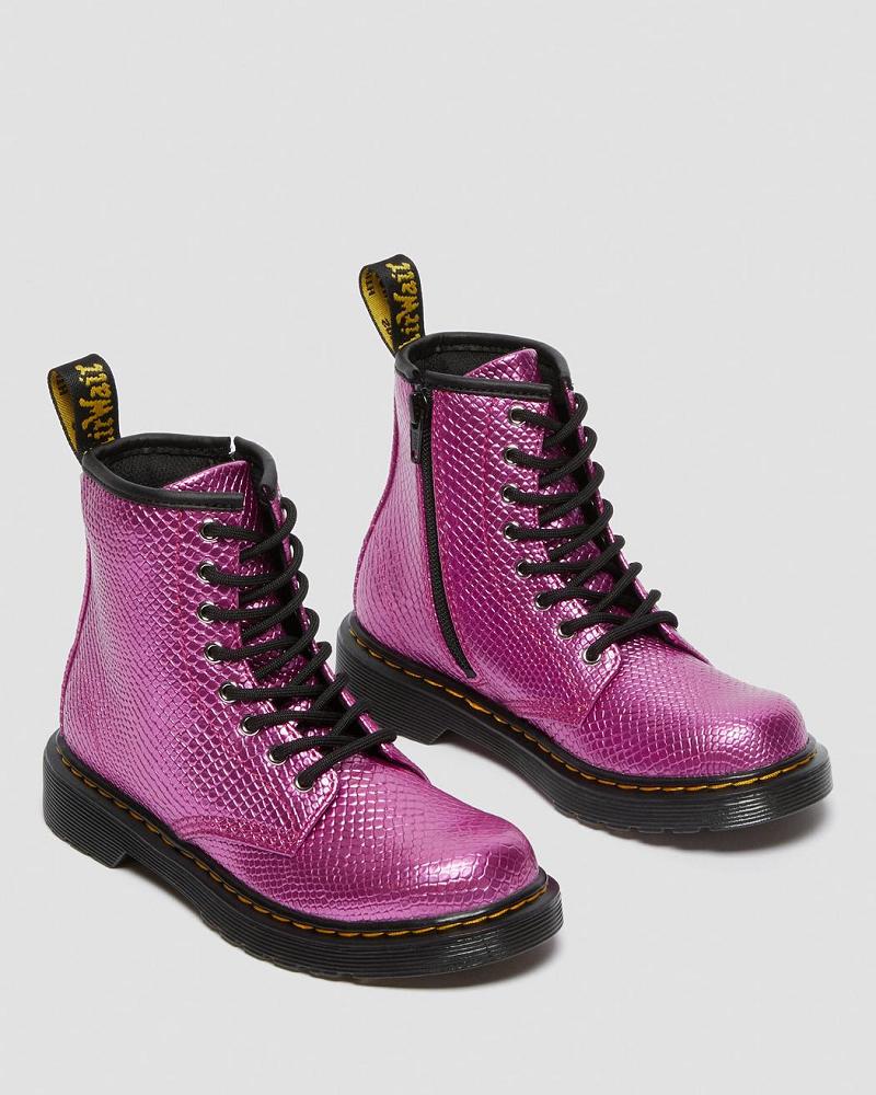 Kids' Dr Martens Junior 1460 Reptile Emboss Lace Up Boots Pink | AU 688QMA